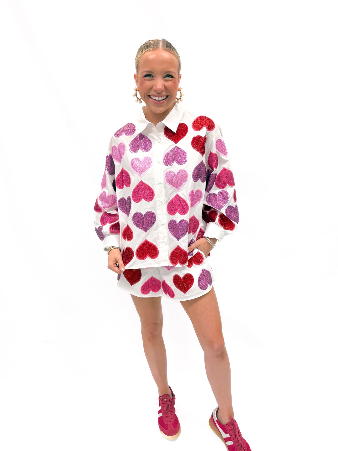 Queen of Sparkles Rhinestone Hearts Button Up Top