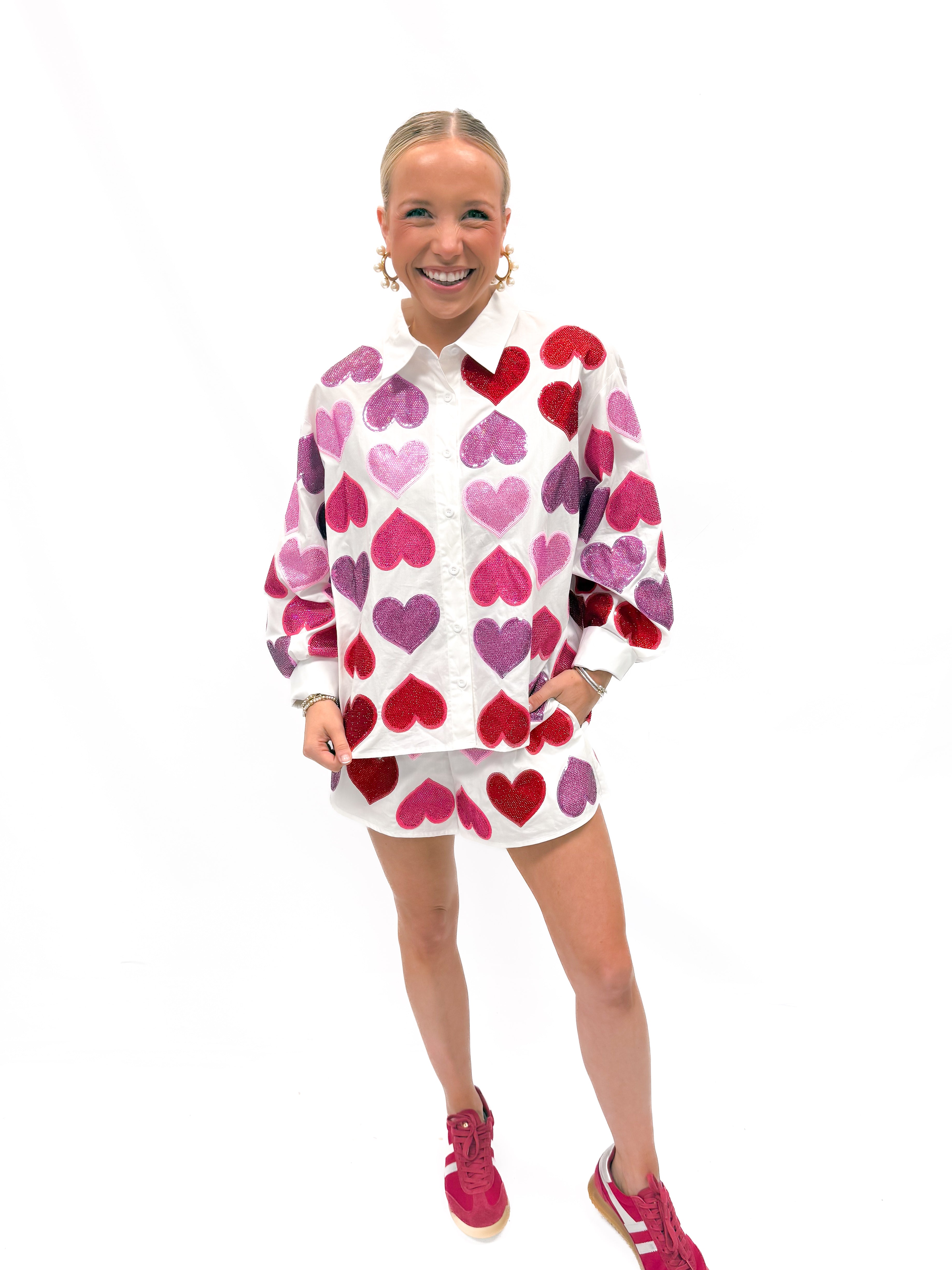 Queen of Sparkles Rhinestone Hearts Button Up Top - Gabrielle's Biloxi