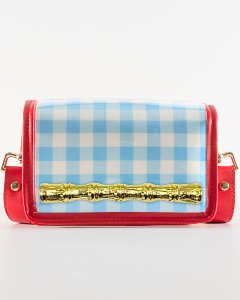 Petite Light Blue Gingham Stadium Bag - Gold Bamboo Stick