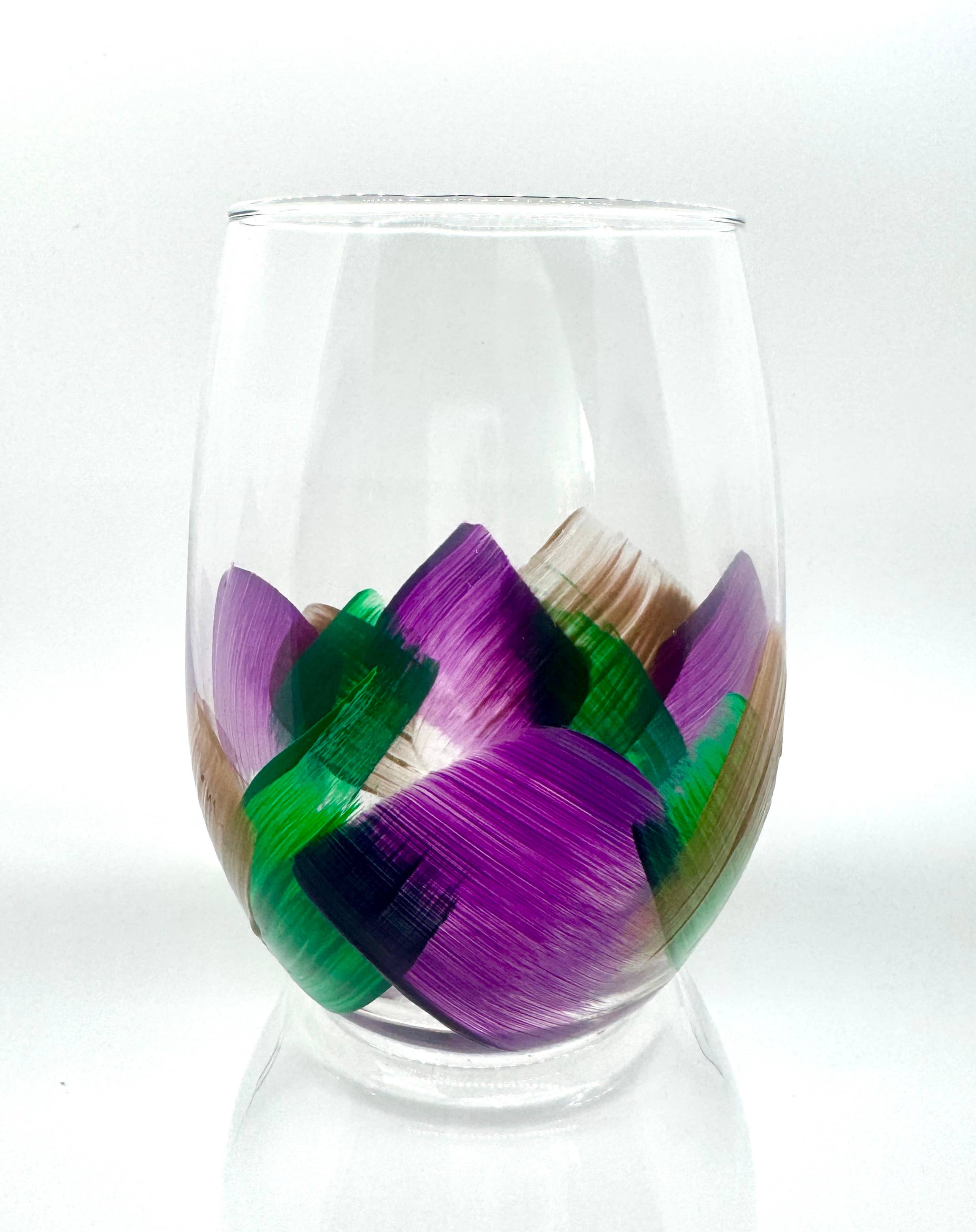 Hand Painted Stemless Wine Glass - Mardi Gras - Gabrielle's Biloxi