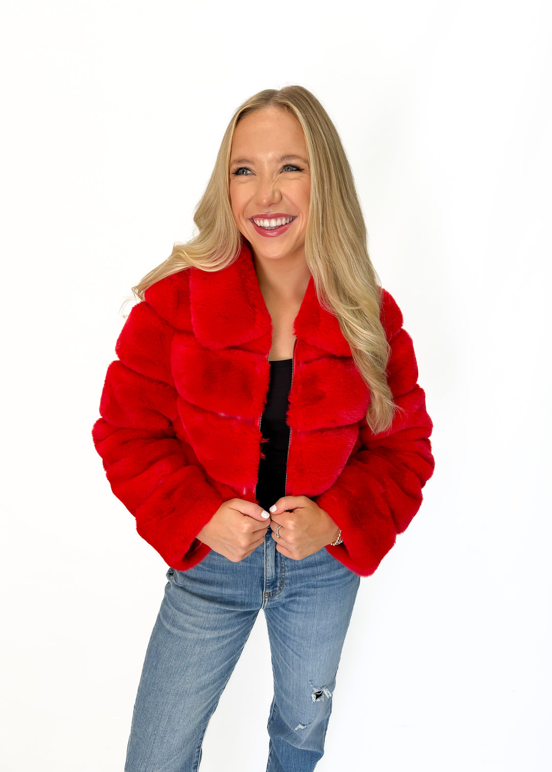 Dolce Cabo Faux Fur Cropped Jacket - Red - Gabrielle's Biloxi