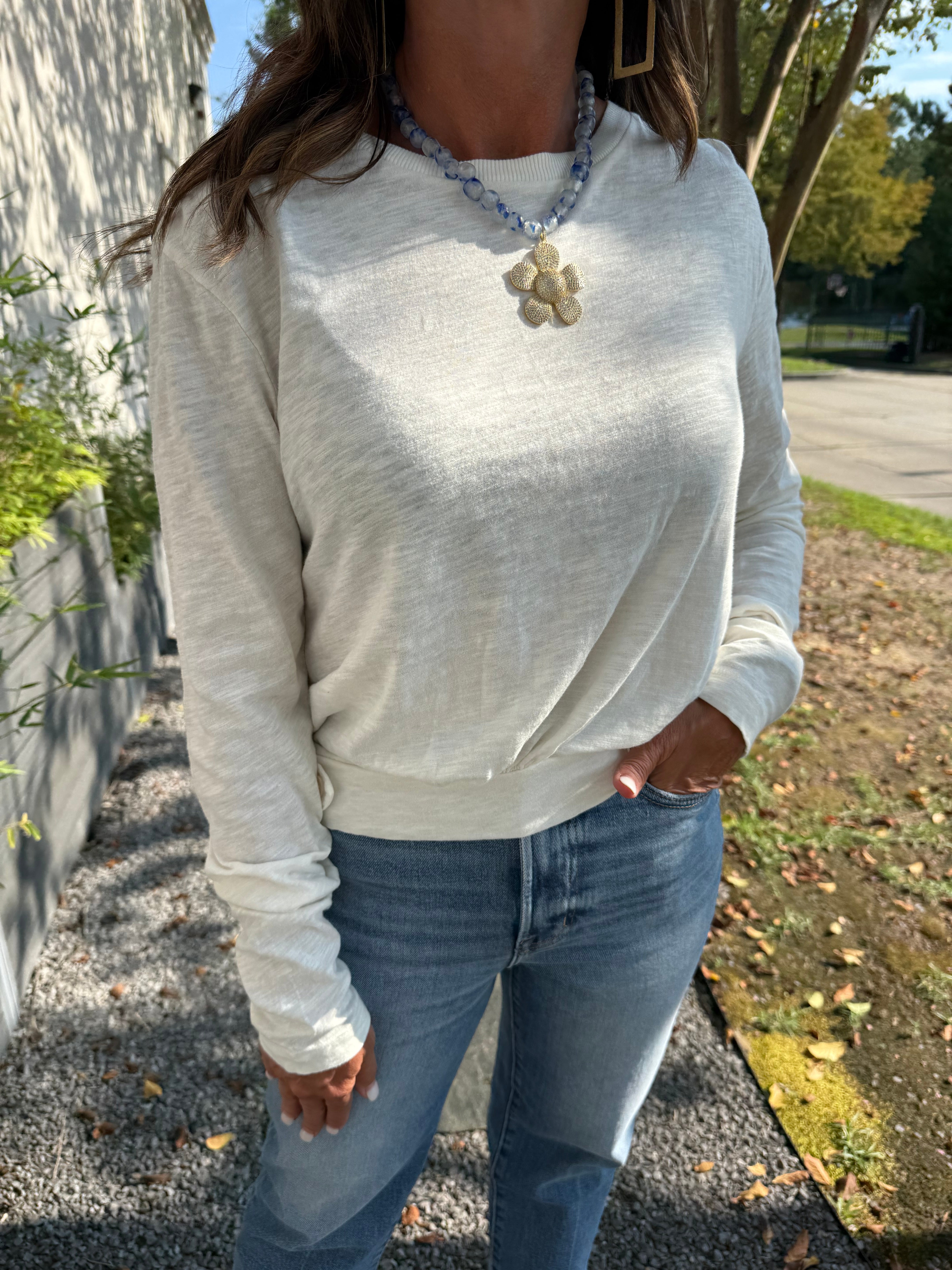 Bobi Shirred Long Sleeve Crew - Pearl - Gabrielle's Biloxi