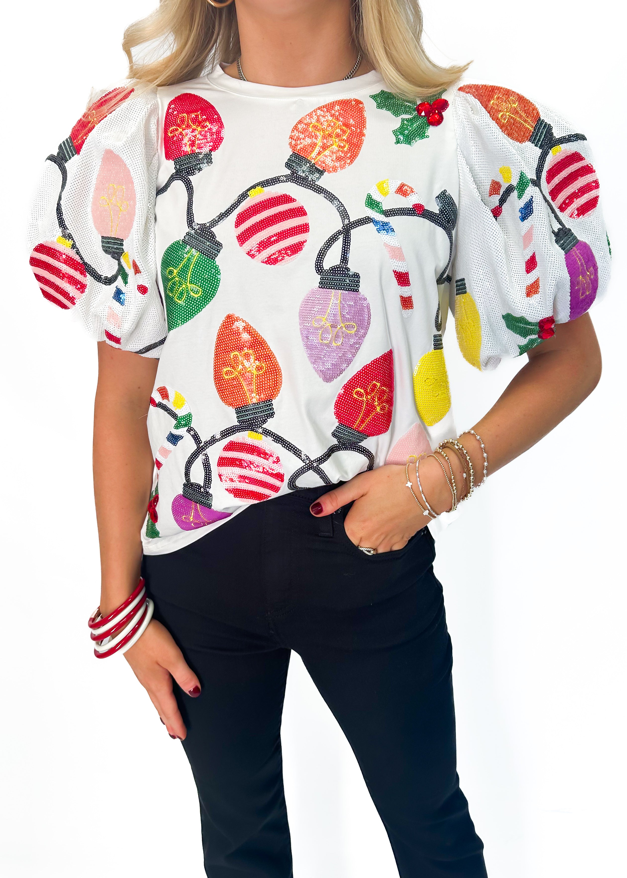 Queen of Sparkles White Christmas Lights Tee - White - Gabrielle's Biloxi