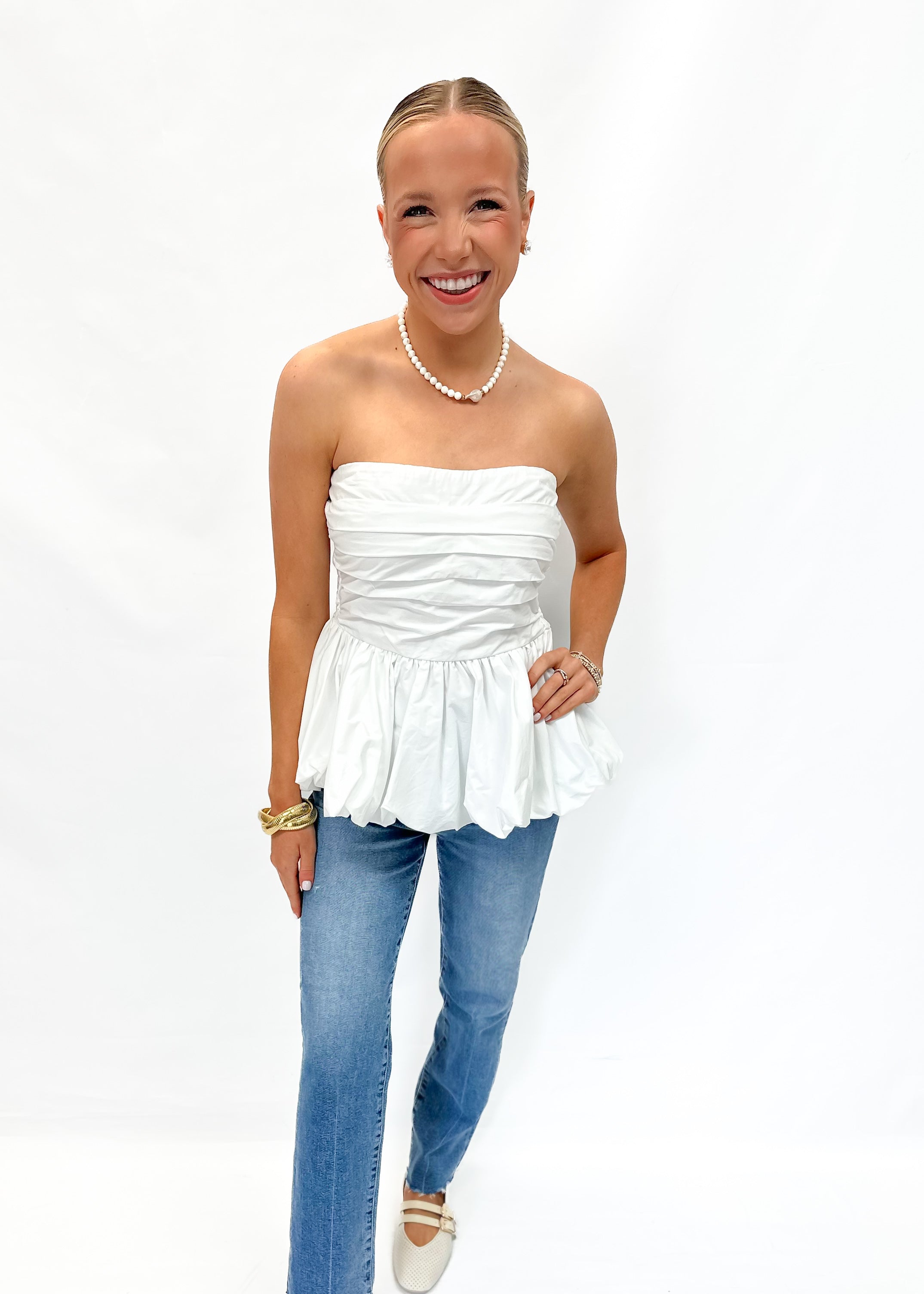 LBLOX Cotton Poplin Bubble Hem Top - Off White - Gabrielle's Biloxi