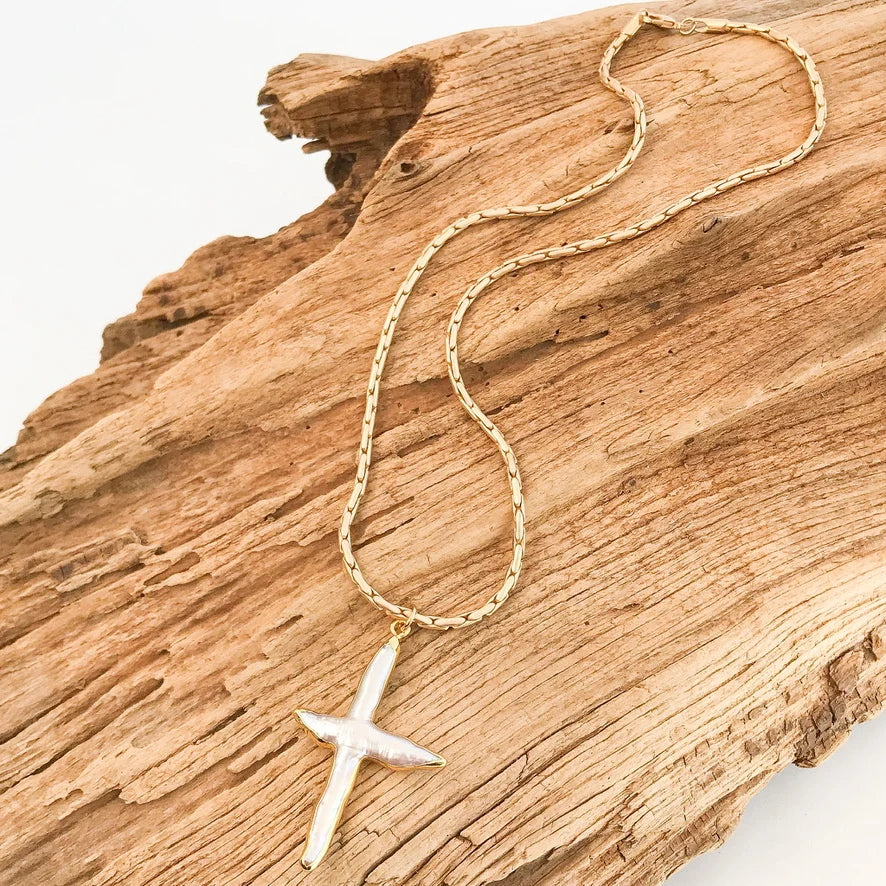 Virtue Natural Pearl Cross on Large Interlink Necklace - Gold