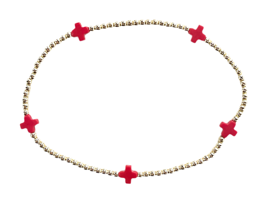 ENewton Signature Cross Small Gold Pattern 2mm Bead Bracelet - Red - Gabrielle's Biloxi