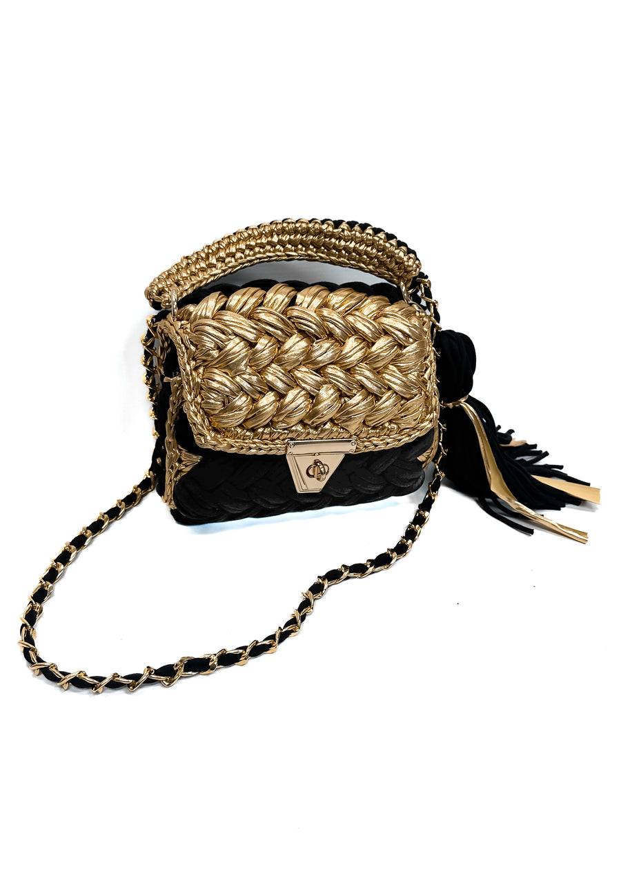 Wolf & Willa Bliss 2 Crocheted Bag with Gold Flap - Black - Gabrielle's Biloxi