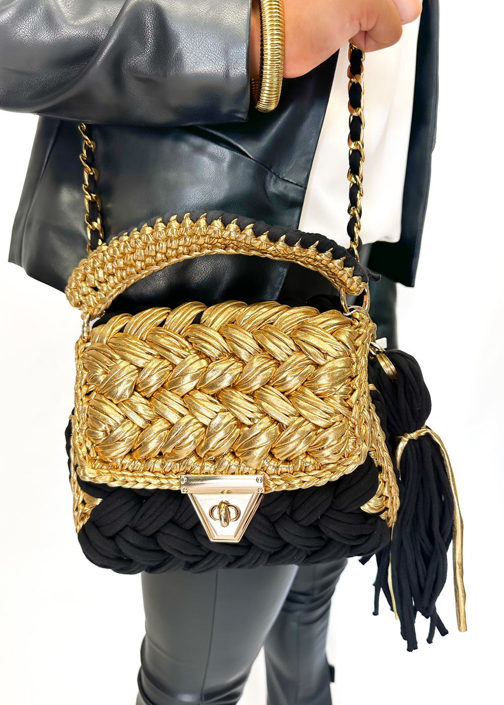 Wolf & Willa Bliss 2 Crocheted Bag with Gold Flap - Black - Gabrielle's Biloxi