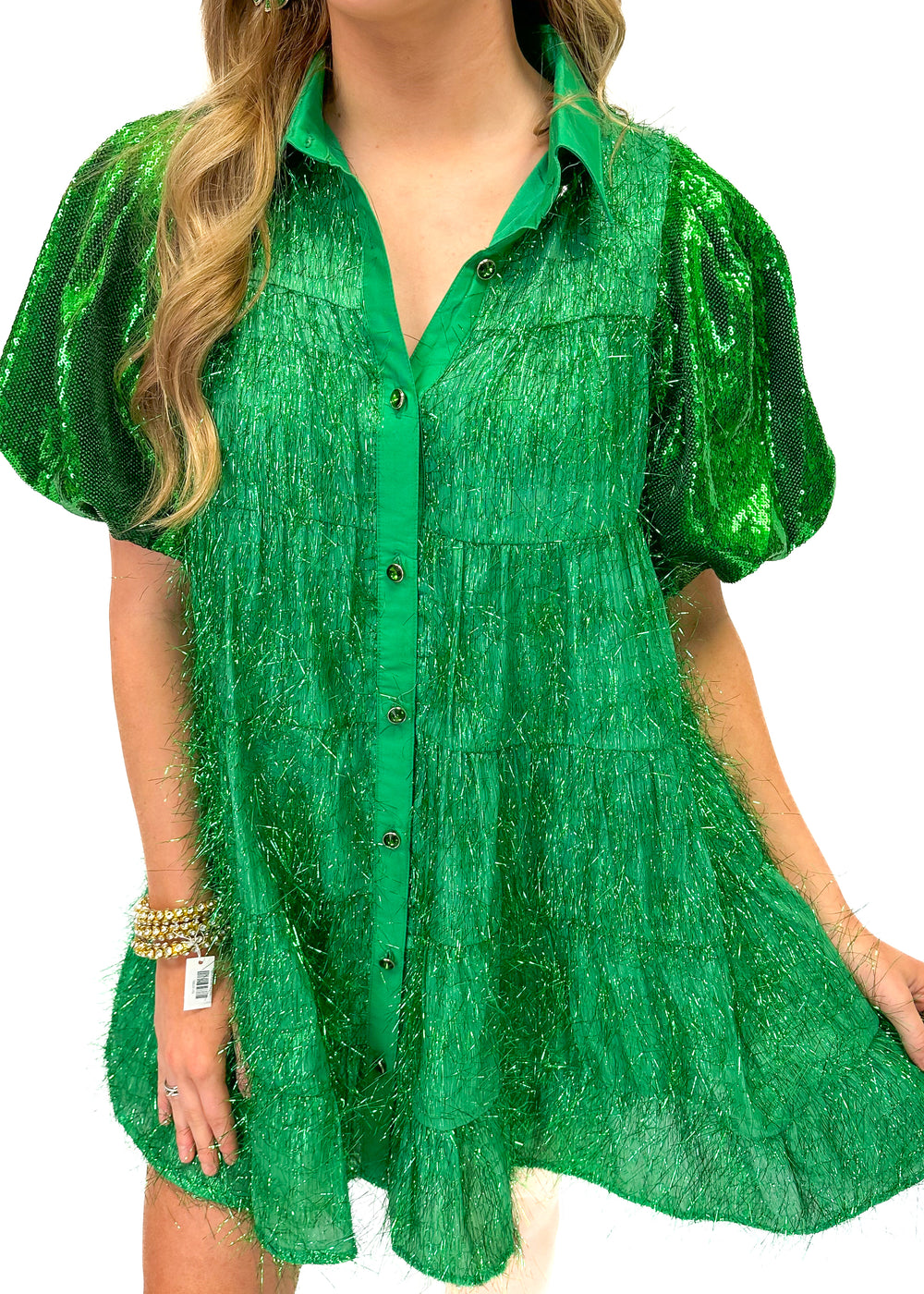 Queen of Sparkles Green Tinsel Sequin Sleeve Dress - Gabrielle's Biloxi