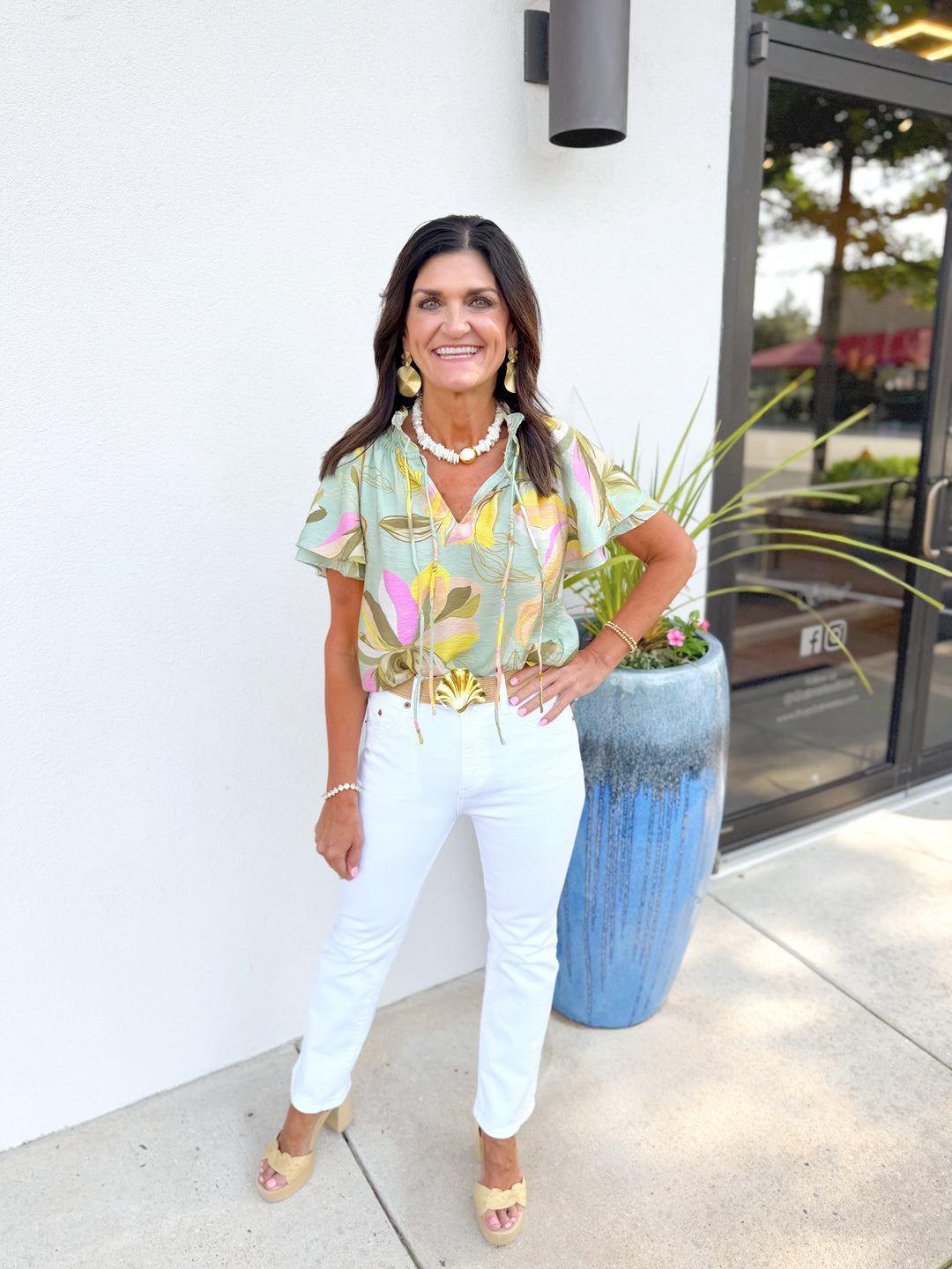 Flowy Flower Top with Tie - Mint