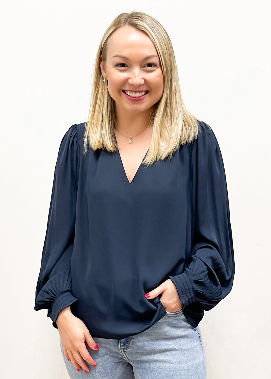 LBLOX V-Neck Pleated Sleeves Blouse - Navy - Gabrielle's Biloxi