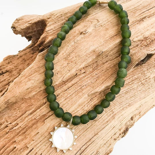 Virtue Gemstone Sun on Glass Necklace - Hunter/White