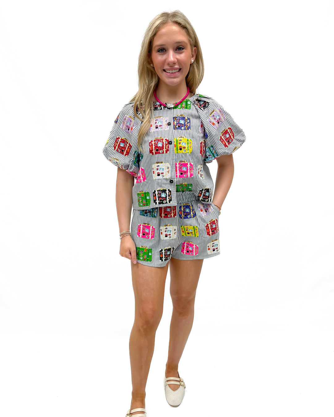 Queen of Sparkles Black & White Stripe Vintage Suitcase Shorts - Gabrielle's Biloxi