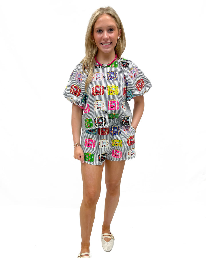 Queen of Sparkles Black & White Stripe Vintage Suitcase Shorts - Gabrielle's Biloxi