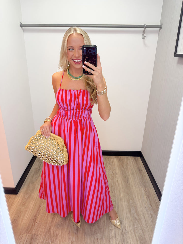 Stripe Sleeveless Maxi Dress - Pink/Red