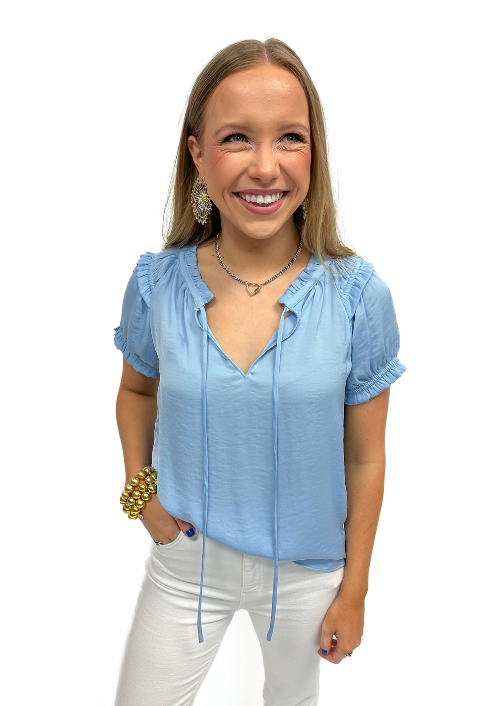 LBLOX Short Sleeve Tie Blouse - Sky Blue - Gabrielle's Biloxi