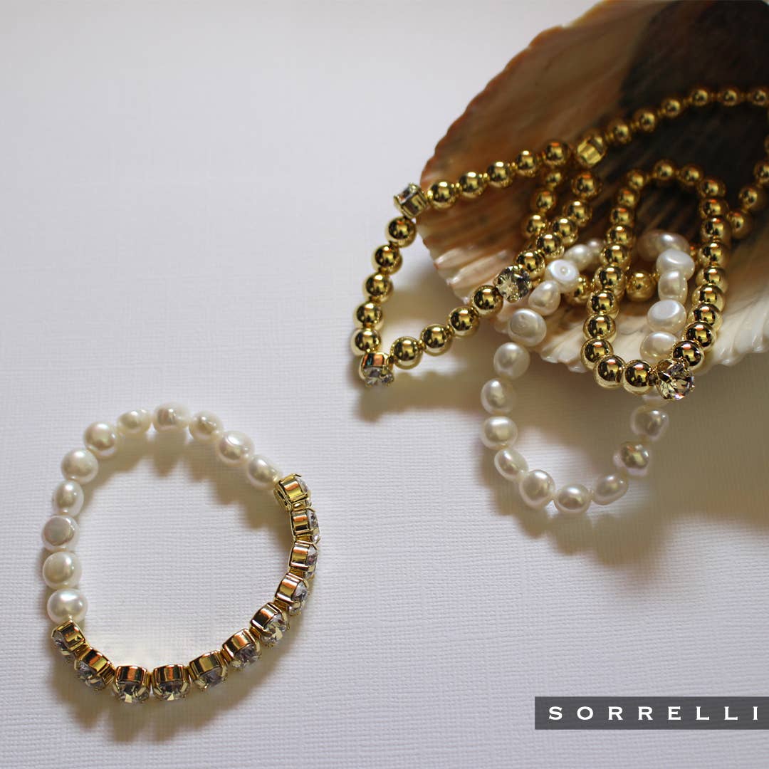 Clear Crystal & 10K Gold Plated Beaded Stretch Bracelet 7in - Gabrielle's Biloxi