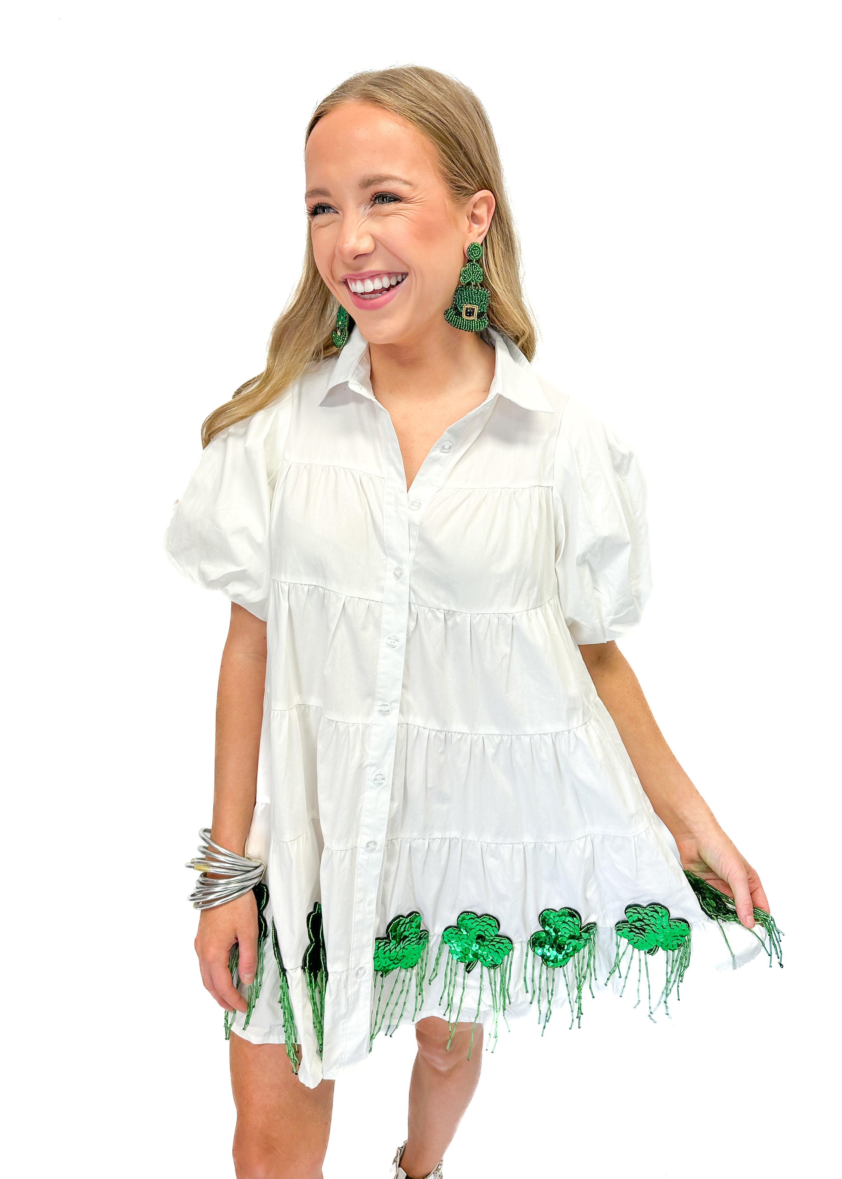 Queen of Sparkles White Bead Shamrock Fringe Cotton Dress - Gabrielle's Biloxi