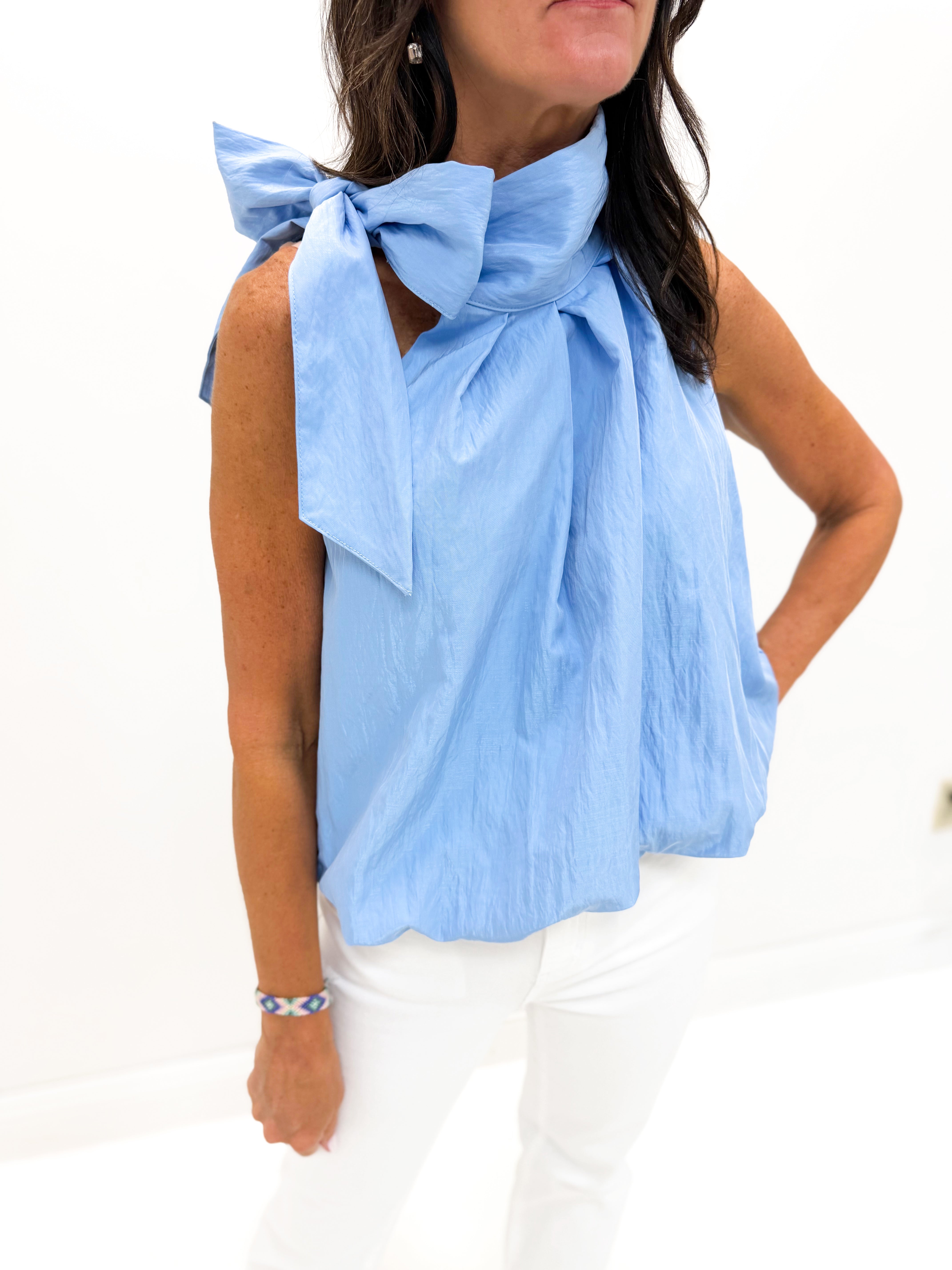 High Neck Tie Wrap Sleeveless Top - Blue