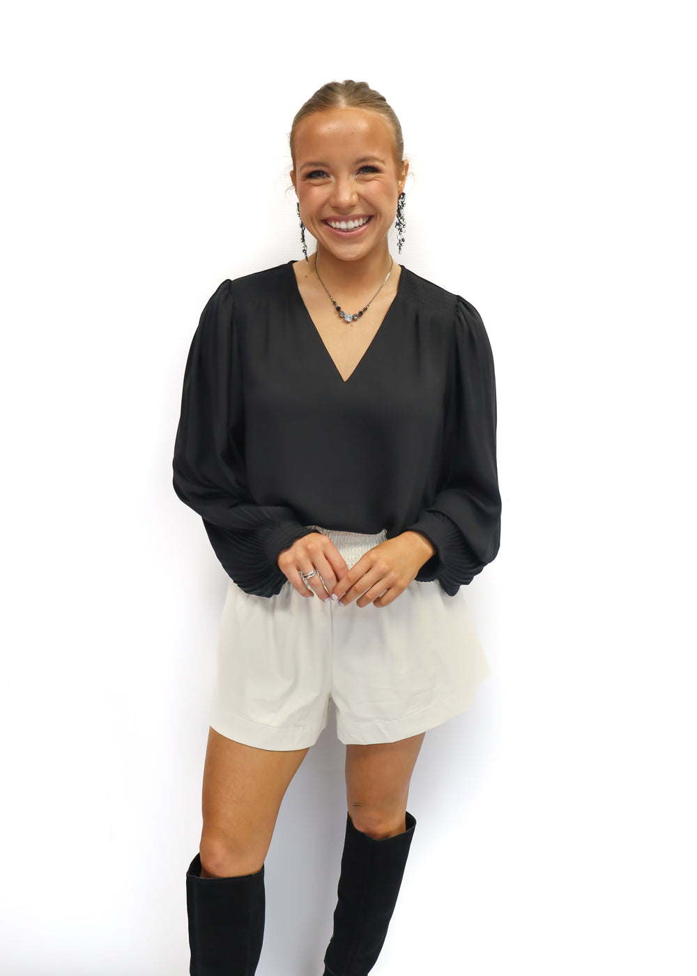 LBLOX V-Neck Pleated Sleeve Top - Black - Gabrielle's Biloxi