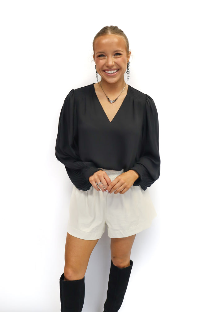 LBLOX V-Neck Pleated Sleeve Top - Black - Gabrielle's Biloxi
