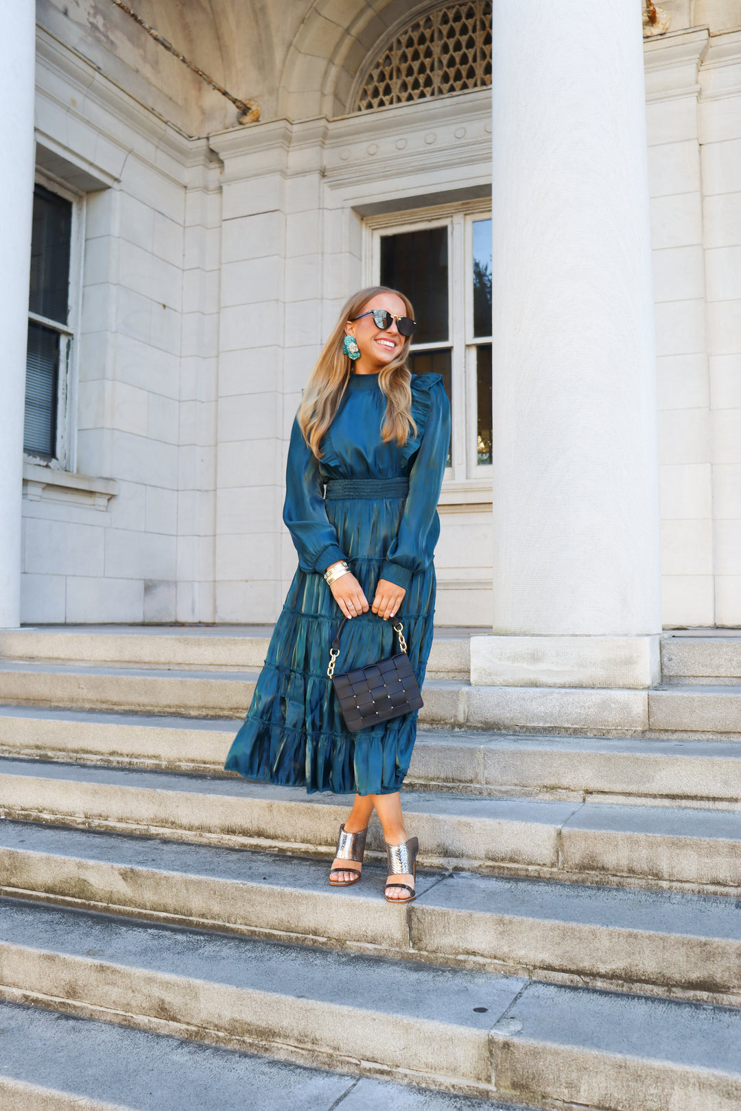 LBLOX Mock Neck Ruffled Midi Dress - Teal - Gabrielle's Biloxi