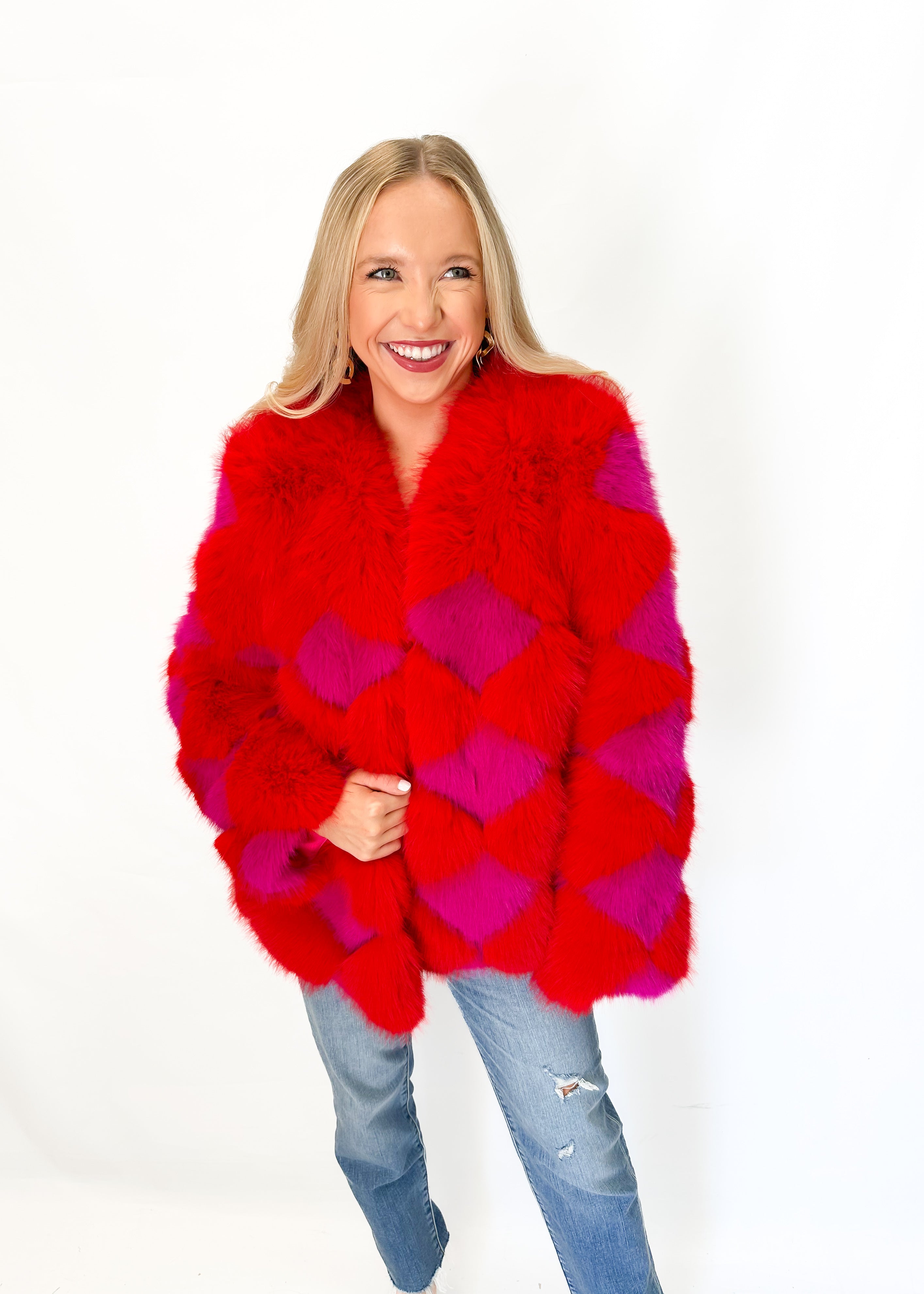Jayley Faux Fur Delilah Diamond Coat - Red - Gabrielle's Biloxi
