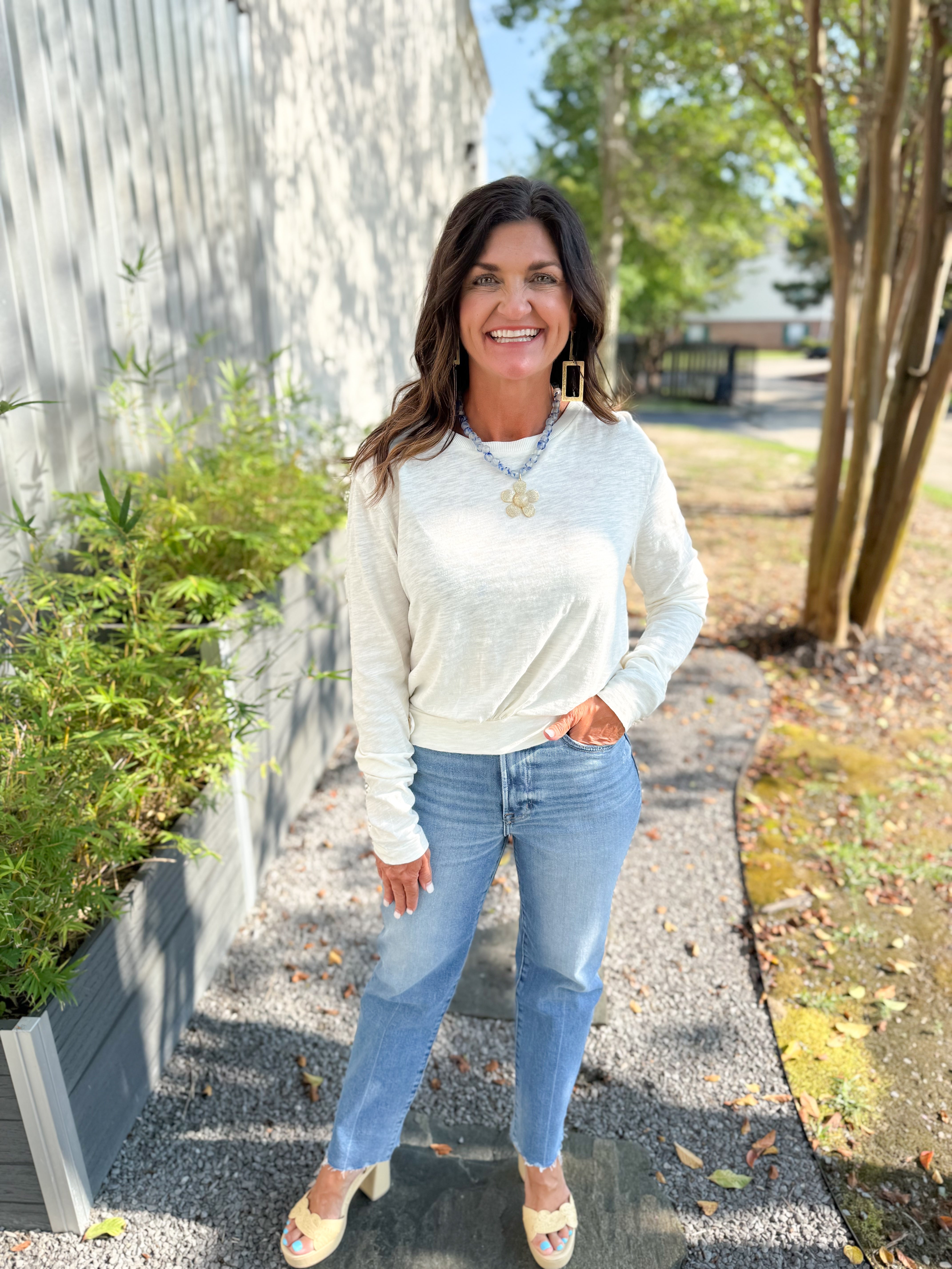 Bobi Shirred Long Sleeve Crew - Pearl - Gabrielle's Biloxi