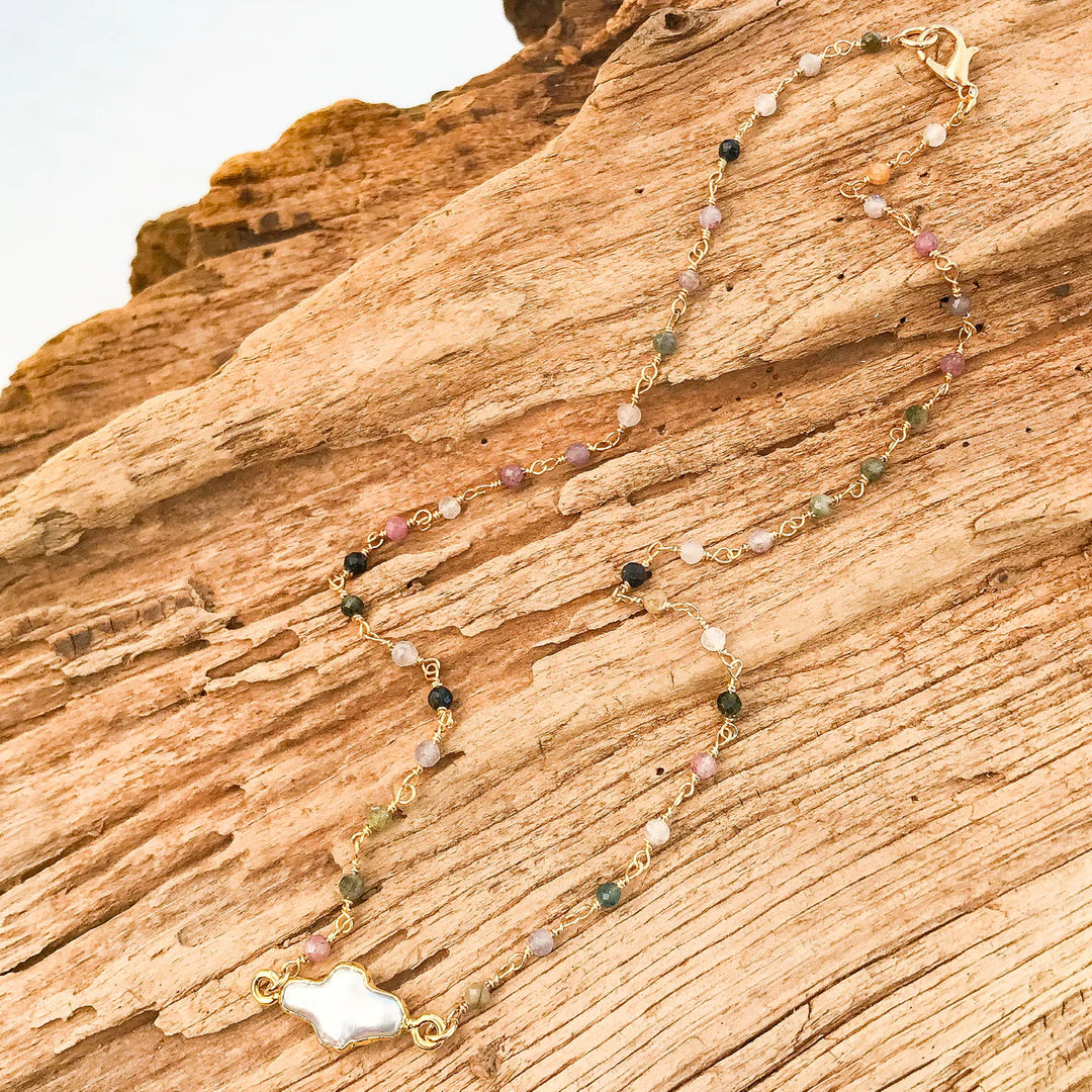 Pearl Bezel Cross on Rosary Necklace - Tourmaline - Gabrielle's Biloxi