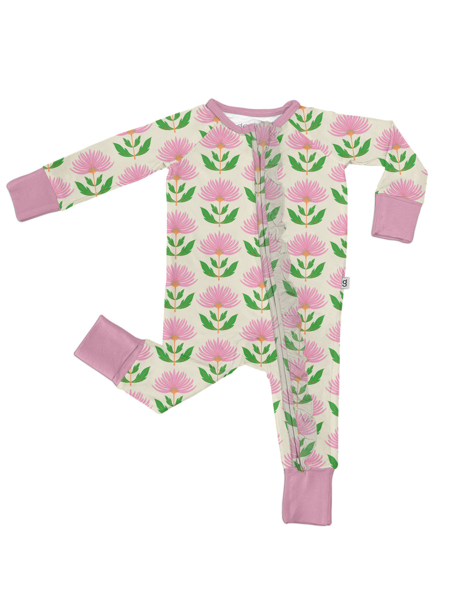 Pink Block Print Flowers - Convertible Zip Pajamas w/ Ruffle - Gabrielle's Biloxi