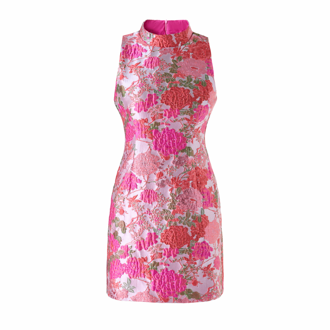 Elegant Floral Jacquard Embroidered Mini Dress - Pink