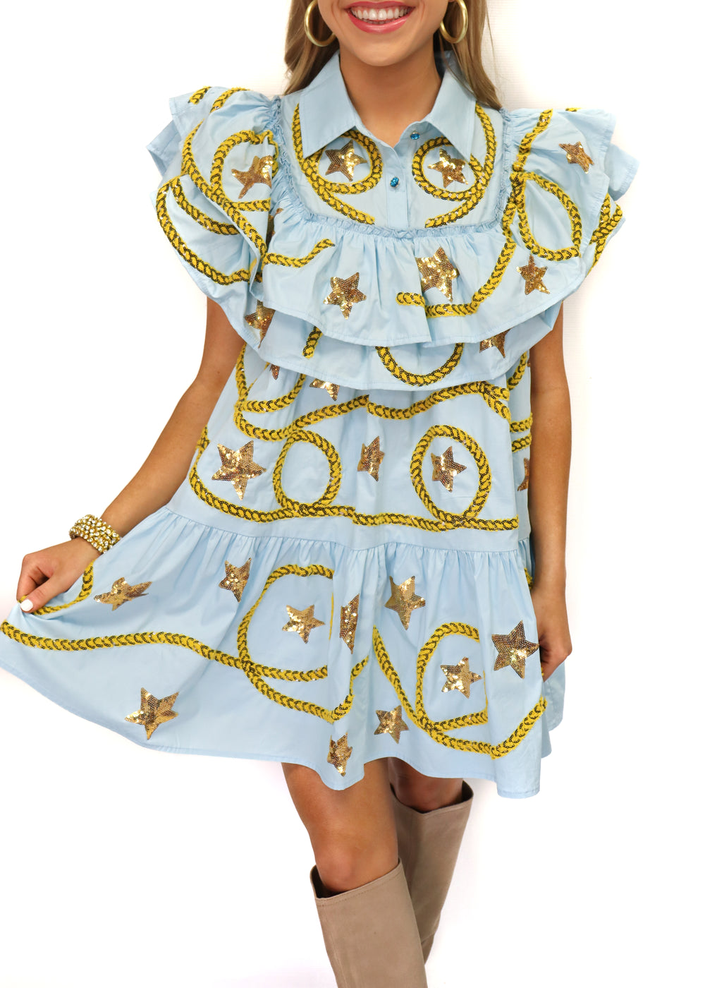 Queen of Sparkles Light Blue Star & Rope Ruffle Dress - Gabrielle's Biloxi