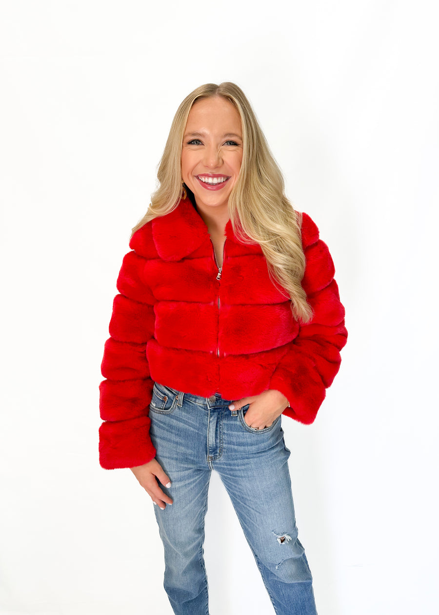 Dolce Cabo Faux Fur Cropped Jacket - Red - Gabrielle's Biloxi