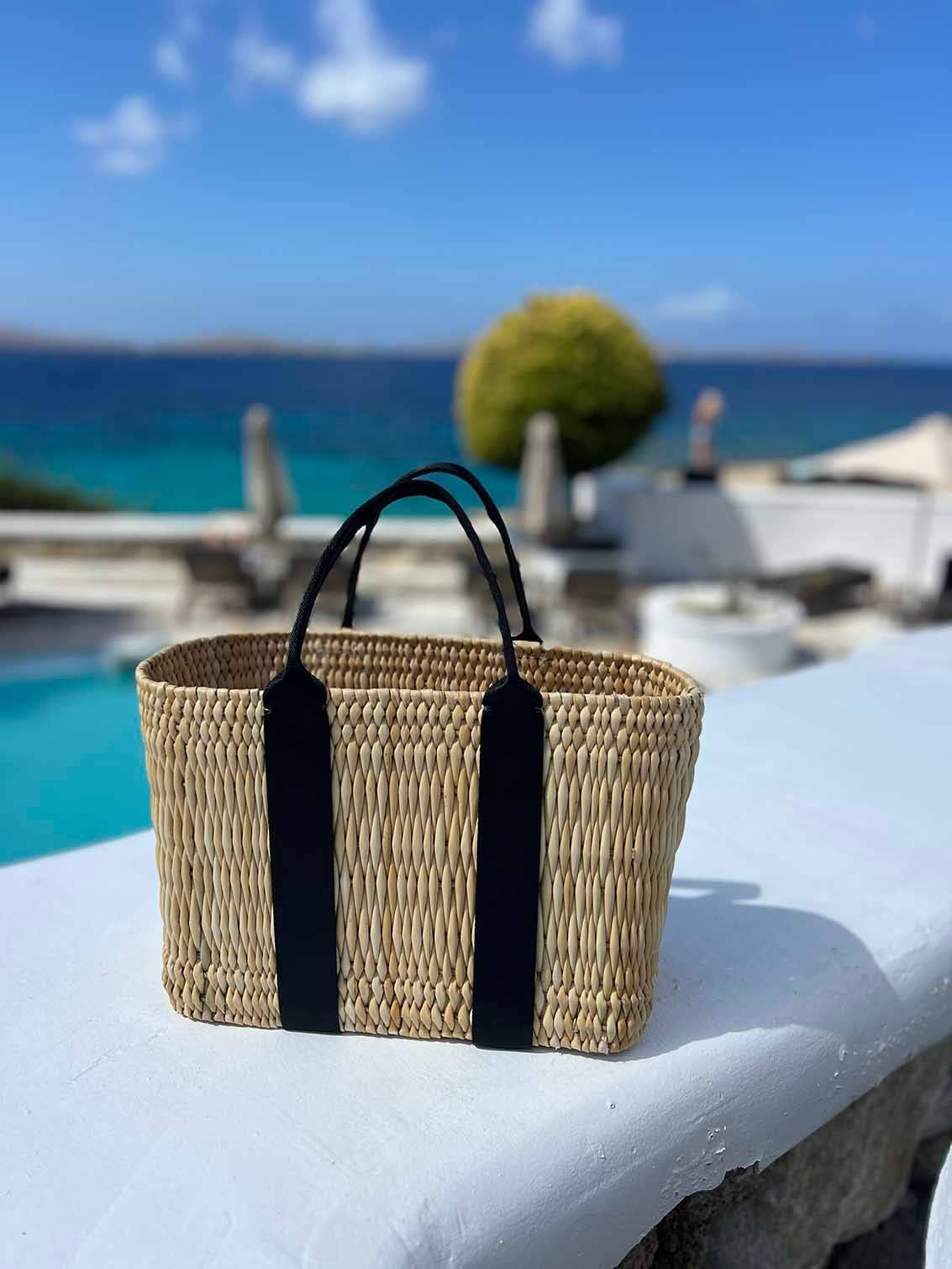 Straw Beach Basket with Black Straps