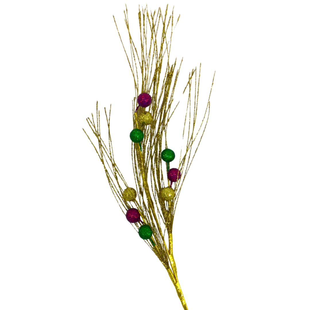 29" Purple, Green, and Gold Mardi Gras Glittered Ball and Wisps Spray (Each) - Gabrielle's Biloxi