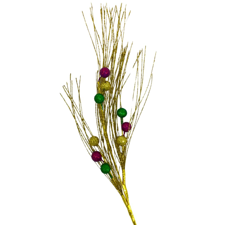 29" Purple, Green, and Gold Mardi Gras Glittered Ball and Wisps Spray (Each) - Gabrielle's Biloxi