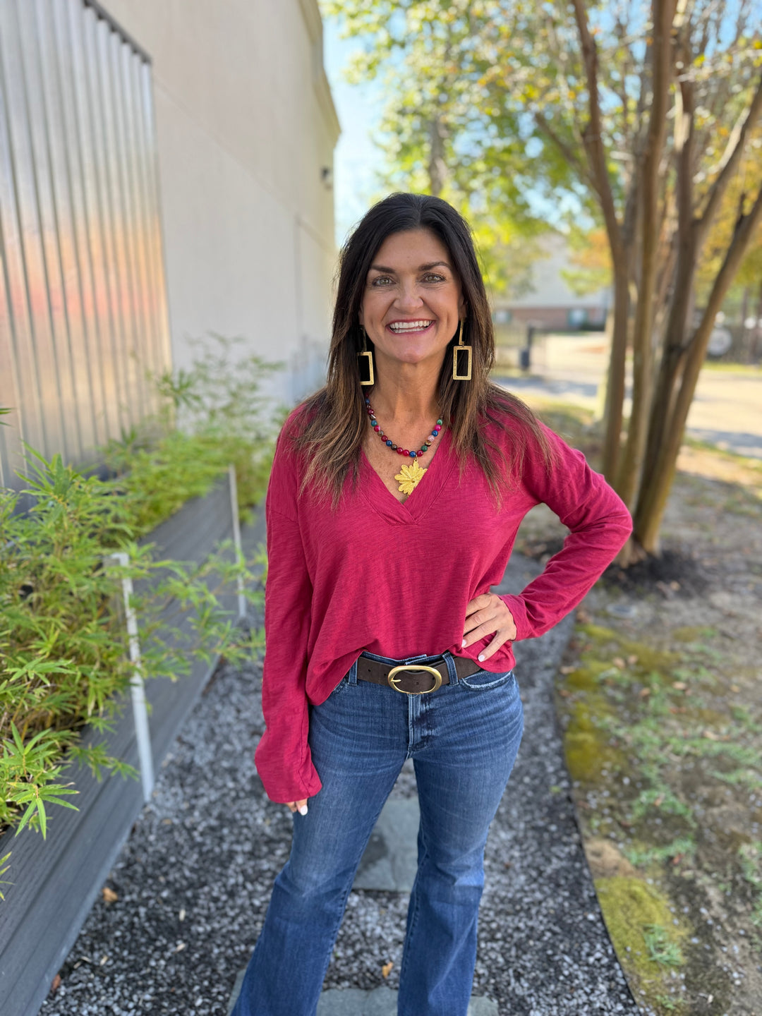 Bobi Long Sleeve Overlap Vneck Tee - Black Cherry - Gabrielle's Biloxi