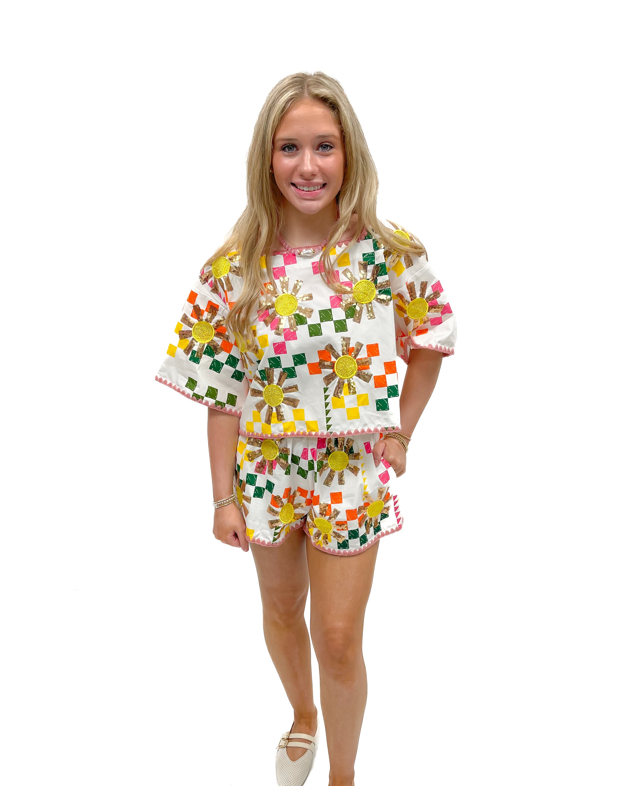 Queen of Sparkles White Multi Checkered Sun Short - Gabrielle's Biloxi
