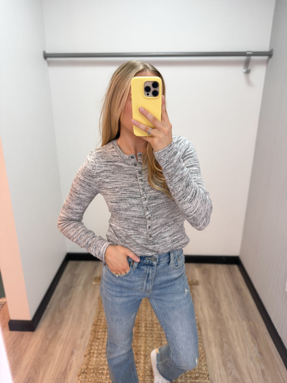 Bobi Long Sleeve Slim Placket Tee - Heather Grey - Gabrielle's Biloxi