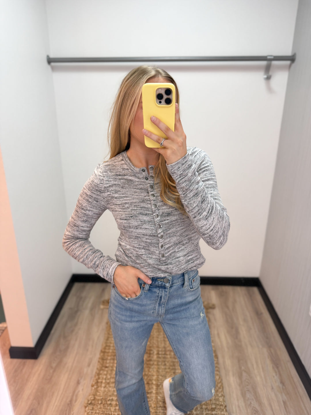 Bobi Long Sleeve Slim Placket Tee - Heather Grey - Gabrielle's Biloxi