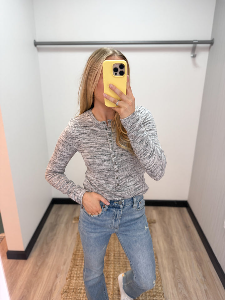 Bobi Long Sleeve Slim Placket Tee - Heather Grey - Gabrielle's Biloxi