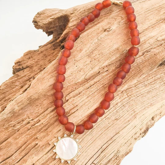 Virtue Gemstone Sun on Glass Necklace - Cinnamon/White