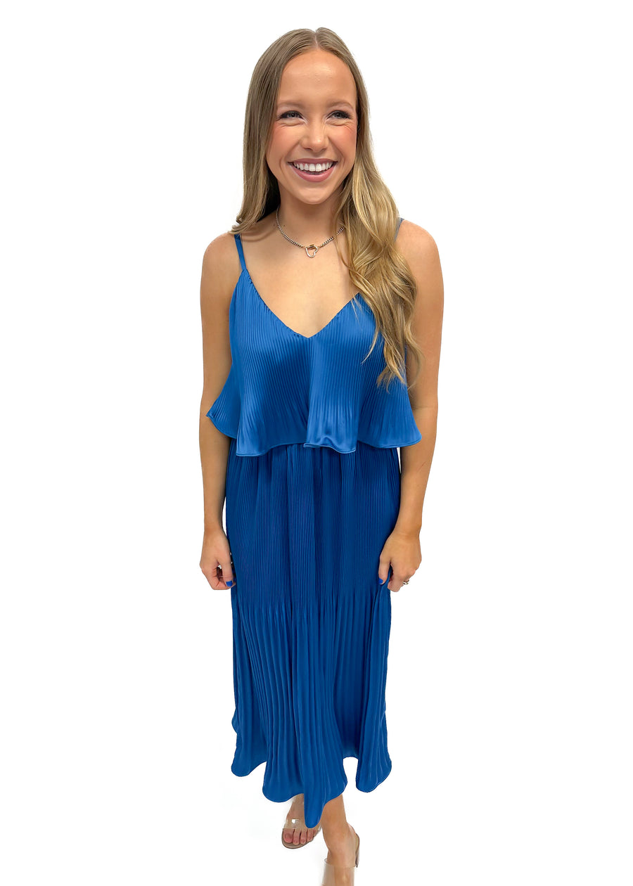 Adelyn Rae Nayla Overlay Pleated Midi Dress - Sapphire Blue - Gabrielle's Biloxi