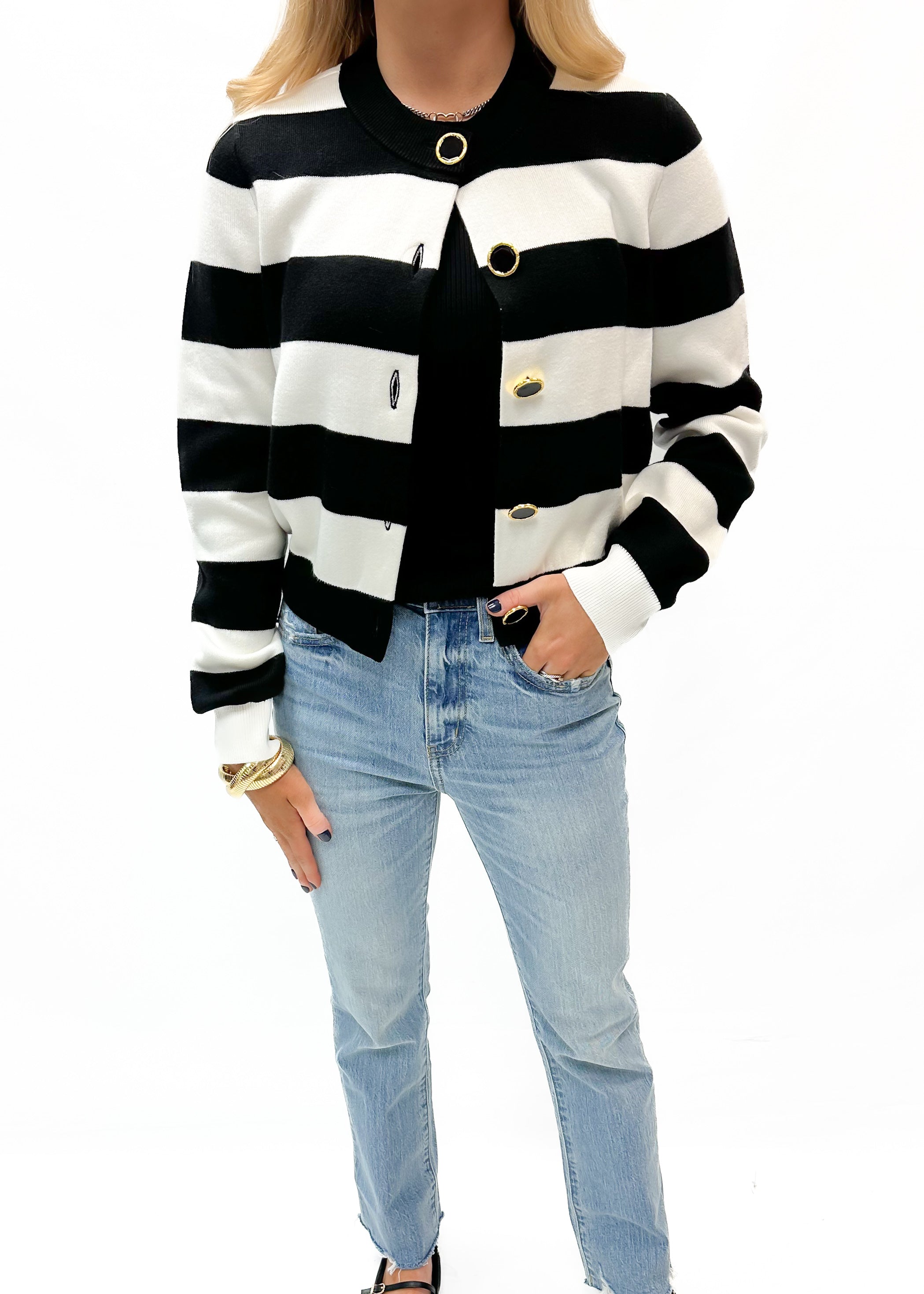 French Connection Nyrobi Stripe Cardigan - Black /Porcelain - Gabrielle's Biloxi
