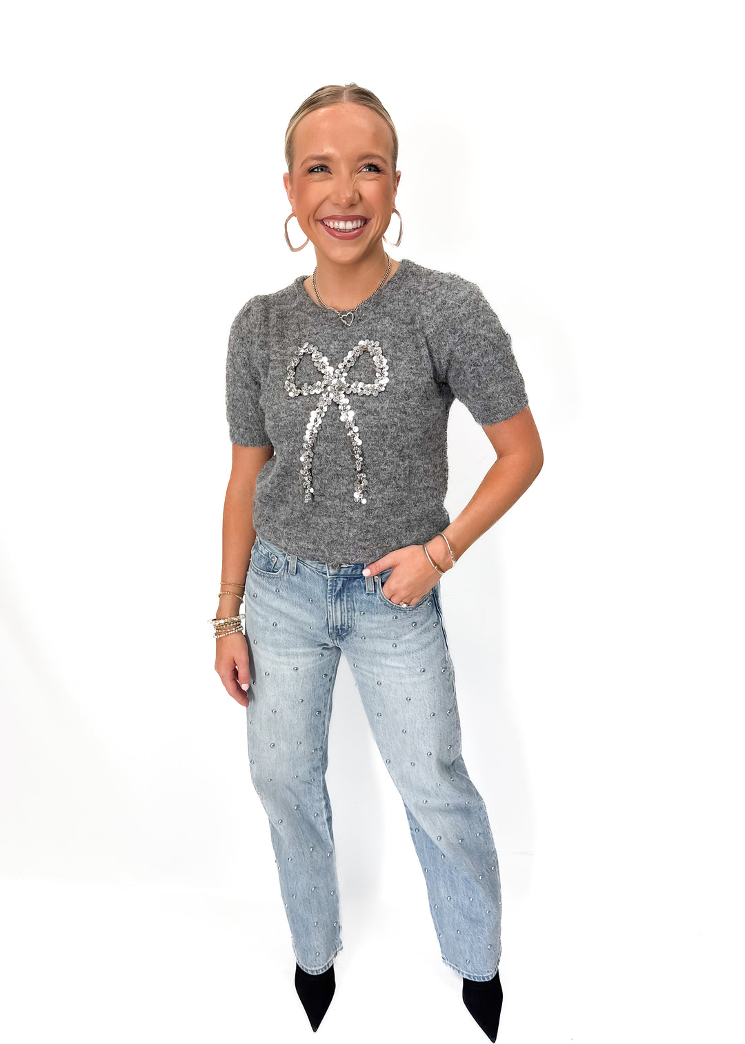 White Bow Knit Sweater - Ash Dark Grey - Gabrielle's Biloxi