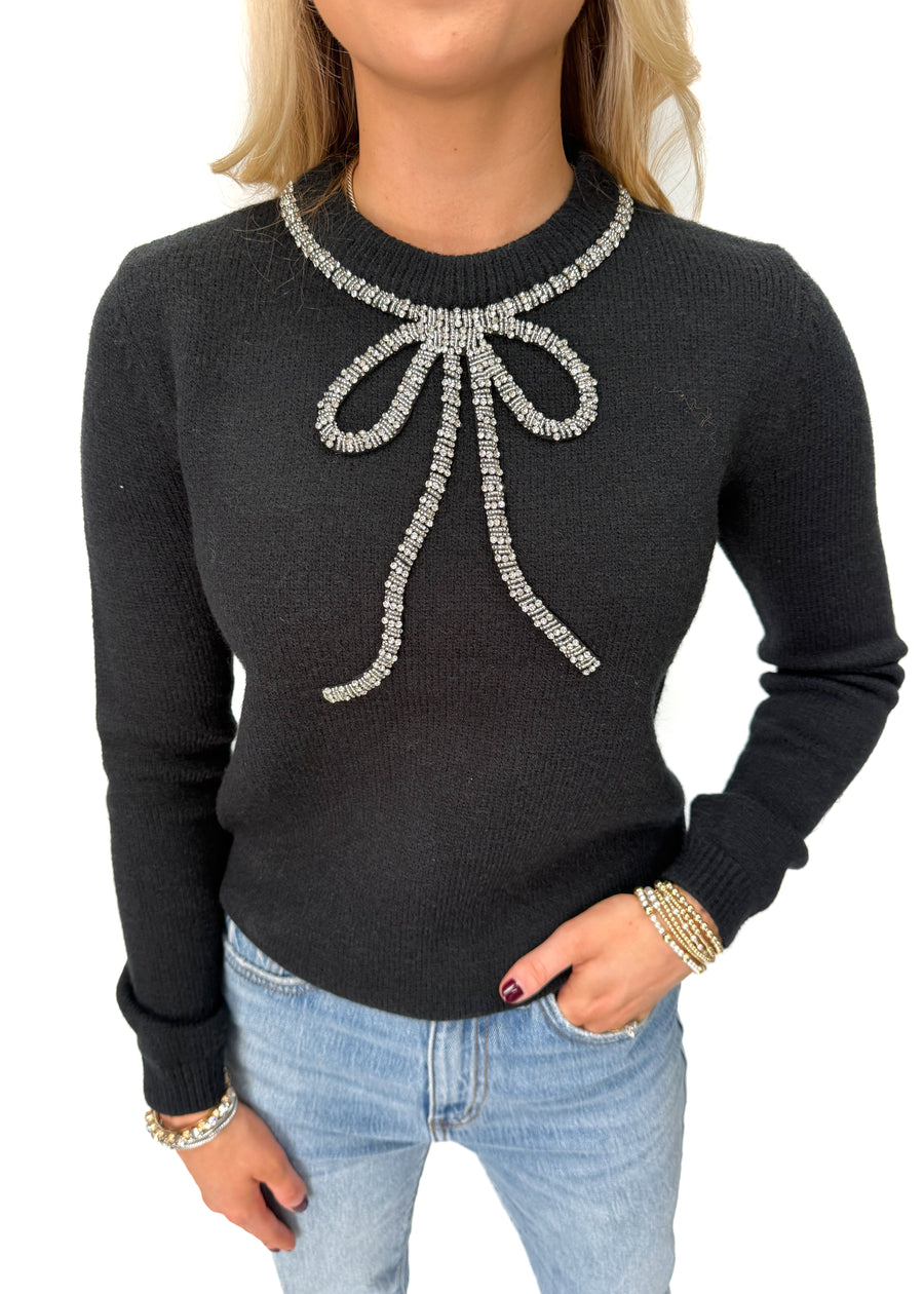 Rhinestone Bow Knit Sweater - Black - Gabrielle's Biloxi