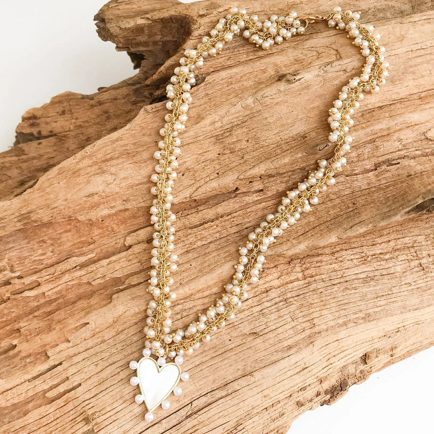 Virtue Pearl Studded Heart on Medium Cluster Rosary - Pearl