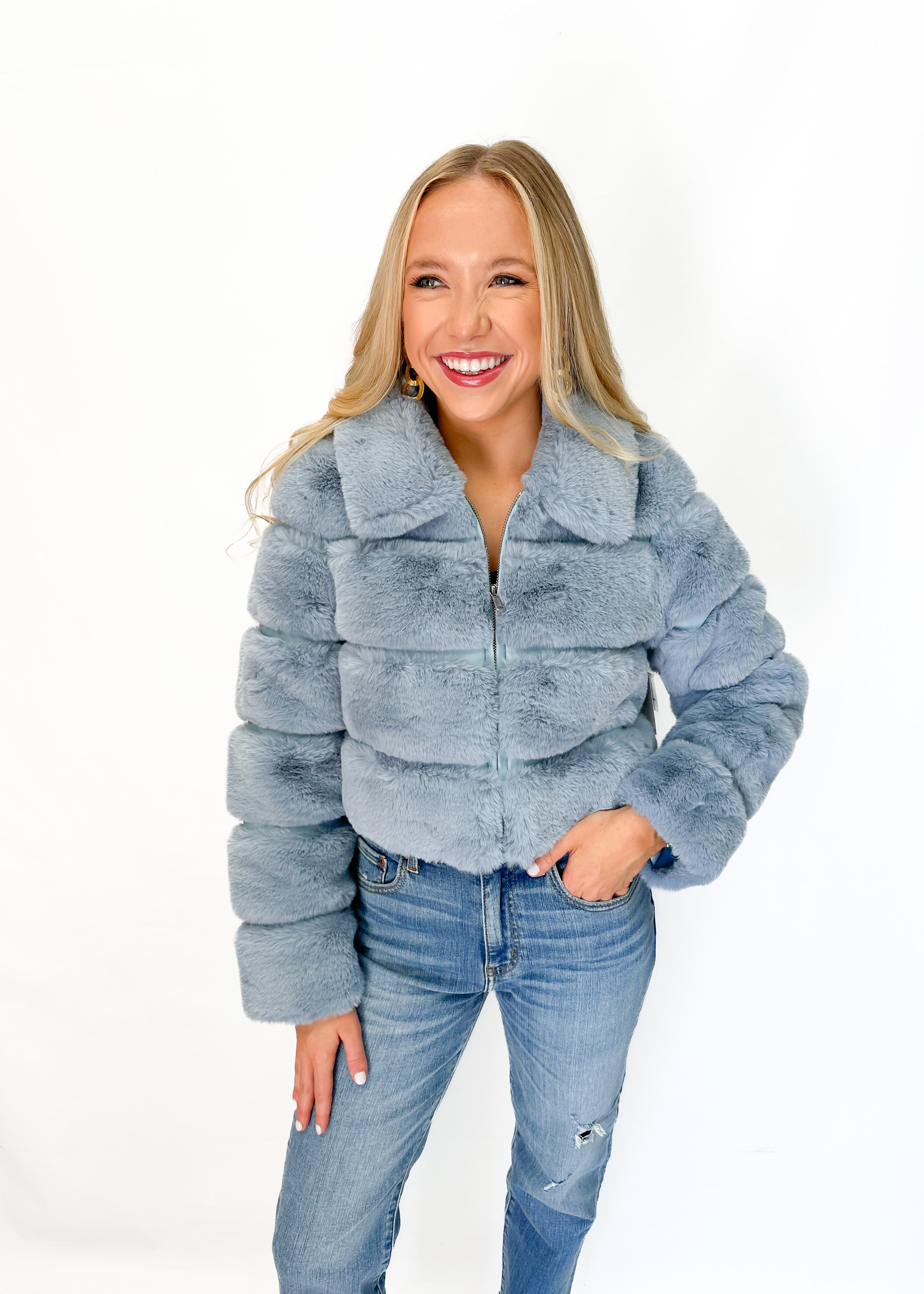 Dolce Cabo Faux Fur Cropped Jacket - Light Blue - Gabrielle's Biloxi