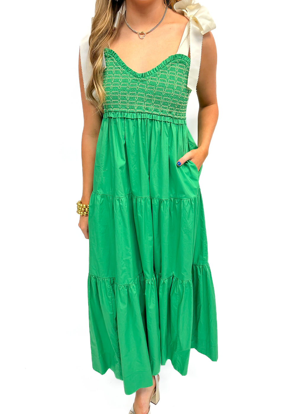 Tiered Smocked Maxi Dress - Green - Gabrielle's Biloxi