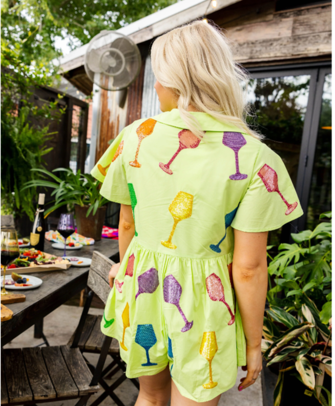 Queen of Sparkles Lime Green Wine Romper - Gabrielle's Biloxi